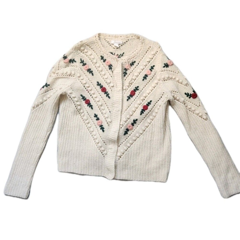 Intropia Wool Blend Embroidered Floral Cardigan Bobble Knit Ivory Boho Sz S EUC